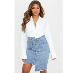 Mid Blue Wash Asymmetric Waist Midi Denim Skirt